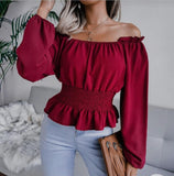 Women's Crepe Solid Drop Waist Off Shoulder Top